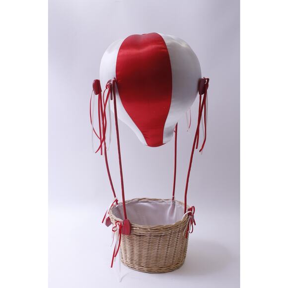 1980s Red-White Hot Air Balloon with Wicker Basket, 21 inches, Valentine's Day - Picture 1 of 3